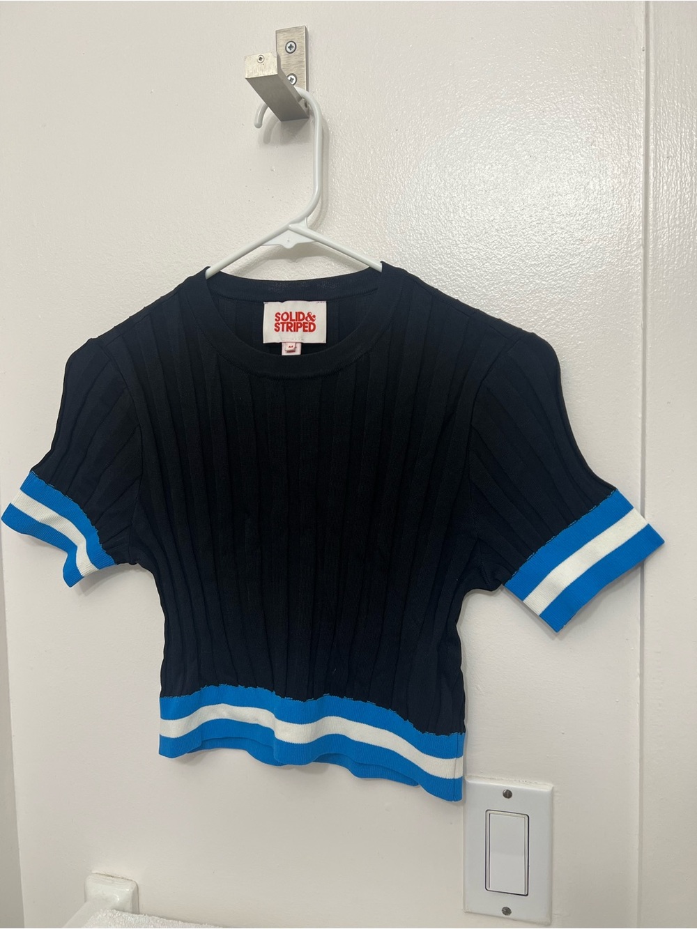 SOLID & STRIPED Navy Ribbed Crop Top with Blue and White Trim & Matching Skirt